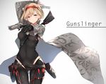 aiming arm_behind_head arm_up between_breasts black_bodysuit blonde_hair blush bodysuit breasts brown_eyes buckle character_name closed_mouth covered_navel cowboy_shot djeeta_(granblue_fantasy) dual_wielding earrings expressionless gloves granblue_fantasy grey_background grey_jacket gun gunslinger_(granblue_fantasy) hair_ribbon hairband handgun holding holding_gun holding_weapon holster jacket jewelry latex long_sleeves looking_at_viewer nanahara_fuyuki open_clothes open_jacket pistol red_ribbon ribbon short_hair simple_background single_glove skin_tight solo strap_cleavage text_focus thigh_gap thigh_holster trigger_discipline tsurime unsheathed weapon 