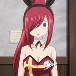  1girl animal_ears animated animated_gif bangs blinking breasts brown_eyes bunny_ears bunnysuit cleavage collar cross detached_collar erza_scarlet fairy_tail hair_ornament hair_over_one_eye high_ponytail indoors large_breasts leotard long_hair looking_at_viewer no_bra open_mouth ponytail purple_eyes red_hair solo tattoo wall 