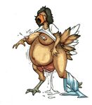  avian beak big_breasts bird black_hair breasts chicken clothing feathers fenris49 hair hyper hyper_pussy lactating milk open_mouth pants pregnant pussy pussy_juice shirt talons 