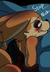  anthro bed blush bottomless butt_blush canine clenched_teeth clothed clothing dialogue disney english_text fennec finnick fox looking_back lying male mammal on_bed on_front rear_view saku1saya solo sweat sweatdrop teeth text unseen_character zootopia 