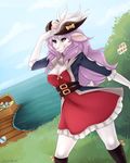  anthro bell belt bow breasts caprine cleavage clothed clothing coat costume dress easter egg female goat hair hat holidays jasmae long_hair looking_at_viewer mammal outside pirate purple_eyes purple_hair smile solo 