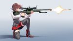  ai_arctic_warfare armor armored_boots bike_shorts bipod blew_andwhite bolt_action boots brown_eyes brown_hair bullet closed_mouth corset explosion expressionless firing full_body gradient gradient_background gun headgear highres kantai_collection long_sleeves motion_blur muzzle_flash one_knee pleated_skirt red_skirt rifle scope short_hair shorts shorts_under_skirt simple_background skirt sniper_rifle solo taihou_(kantai_collection) thigh_boots thighhighs weapon 