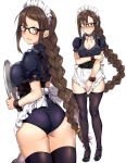  1girl alternate_costume apron ass black-framed_eyewear blush braid breasts brown_eyes brown_hair choker consort_yu_(fate) detached_sleeves fate/grand_order fate_(series) frills glasses hidebuu highres holding holding_tray long_hair looking_at_viewer maid_headdress medium_breasts multiple_views nose_blush simple_background solo thighhighs tray very_long_hair waist_apron waitress white_background 