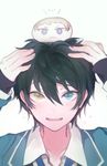  1boy artist_request black_hair blush ensemble_stars! heterochromia kagehira_mika male_focus school_uniform short_hair tie uniform 