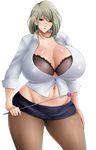 1girl bra breasts brown_eyes cleavage curvy glasses grey_hair huge_breasts jewelry looking_at_viewer navel necklace original pantyhose parted_lips plump saogokushi short_hair solo standing thick_thighs wide_hips 