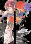  1boy broken broken_glass cover_page cracks doujin_cover flower flower_background glass glasses gold_eyes gowther japanese looking_at_viewer male_focus nanatsu_no_taizai pink_hair short_hair 