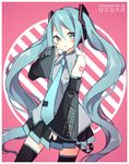  aqua_eyes aqua_hair artist_name bad_id bad_pixiv_id blush cowboy_shot detached_sleeves finger_to_mouth green_hair hatsune_miku headset long_hair necktie okono pink_background pleated_skirt skirt solo tattoo tie_clip twintails very_long_hair vocaloid 