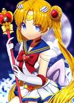  1girl bishoujo_senshi_sailor_moon bishoujo_senshi_sailor_moon_s blonde_hair blue_eyes cleavage collar coo diadem earrings gloves hair_buns jewelry long_hair looking_at_viewer magical_girl sailor_collar sailor_moon tsukino_usagi twintails weapons white_gloves 