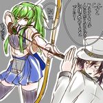  1girl admiral_(kantai_collection) admiral_(kantai_collection)_(cosplay) aiming archery arrow bad_source black_legwear bow_(weapon) c.c. code_geass cosplay covering_face creayus gloves green_hair grey_background hakama_skirt hat japanese_clothes kaga_(kantai_collection) kaga_(kantai_collection)_(cosplay) kantai_collection kyuudou lelouch_lamperouge long_hair military military_uniform muneate naval_uniform partly_fingerless_gloves peaked_cap side_ponytail simple_background speech_bubble talking text_focus thighhighs translated uniform upper_body weapon yellow_eyes yugake 