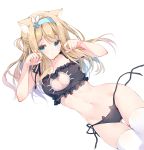  1girl animal_ear_fluff animal_ears bare_arms bare_shoulders black_bra black_panties blue_eyes bra breasts brown_hair bunny_hair_ornament cat_day cat_ear_panties cat_ears cat_lingerie cleavage closed_mouth collarbone commentary_request cowboy_shot frilled_bra frills girls_frontline gluteal_fold hair_intakes hair_ornament hairband kemonomimi_mode long_hair looking_at_viewer meme_attire miwabe_sakura navel one_side_up panties paw_pose side-tie_panties simple_background small_breasts snowflake_hair_ornament solo stomach suomi_kp31_(girls_frontline) thighhighs underwear untied untied_panties white_background white_legwear 