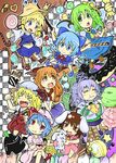  &gt;_&lt; :3 :d animal_ears barefoot bat_wings blonde_hair blue_dress blue_eyes blue_hair blue_ribbon bow brown_eyes brown_hair bunny bunny_ears cake candy candy_cane carrot carrot_necklace checkerboard_cookie checkered checkered_background chibi chocolate chocolate_bar cirno closed_eyes cookie crossed_legs crystal cup daiyousei doughnut dress eating fairy_wings fang flandre_scarlet food fork green_hair hair_bow hair_ribbon hat hat_ribbon highres holding holding_fork horn_ribbon horns ibuki_suika ice ice_cream ice_cream_cone ice_wings inaba_tewi japanese_clothes jewelry kariginu lollipop long_sleeves looking_at_viewer looking_up mob_cap mononobe_no_futo moriya_suwako multiple_girls oni open_mouth orange_hair otsu_kinoto pendant pink_dress pocky ponytail pudding puffy_short_sleeves puffy_sleeves purple_hair red_bow red_eyes red_ribbon remilia_scarlet ribbon shirt short_hair short_sleeves side_ponytail sitting skirt skirt_set sleeveless sleeveless_shirt smile standing sweets swirl_lollipop swiss_roll tate_eboshi tearing_up touhou triple_scoop wide_sleeves wings 