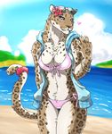  &lt;3 beach bikini bracelet breasts brown_fur clothed clothing eyewear feline female flower fur general: giraffe_(artist) jewelry leopard looking_at_viewer mammal necklace partially_clothed plant seaside solo spots sunglasses swimsuit white_fur 