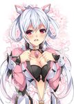  ahoge black_bra bra breasts cherry_blossoms cleavage collar collarbone floral_background floral_print hair_between_eyes hair_rings headgear highres innocent_cluster large_breasts long_hair looking_at_viewer matoi_(pso2) milkpanda open_mouth phantasy_star phantasy_star_online_2 red_eyes silver_hair solo teeth twintails underwear upper_body 
