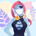  :d bare_shoulders blue_skin blush breasts cleavage closed_eyes collarbone dress eyepatch grin head_fins long_hair monster_girl no_bra open_mouth ponytail red_hair ribbon sharp_teeth sleeveless smile solo teeth undertale undyne 