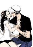  1girl artist_request black_hair couple facial_hair goatee hat light_background long_hair nico_robin one_piece open_mouth short_hair simple_background tattoo tongue trafalgar_law white_background 