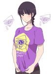  bad_id bad_pixiv_id black_hair bleach blush braid casual chibi chibi_inset grey_eyes kurotsuchi_mayuri kurotsuchi_nemu long_hair looking_at_viewer ronisuke shirt shirt_tug single_braid smile t-shirt 