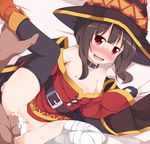  1girl bandaged_leg bandages belt black_gloves black_legwear blush bottomless breasts brown_hair censored collar commentary_request cum cum_in_pussy dress dress_lift dress_pull fingerless_gloves gloves hat hetero kono_subarashii_sekai_ni_shukufuku_wo! lying megumin nikku_(ra) nipples no_bra off_shoulder on_side open_mouth penis pov red_dress red_eyes revision sex small_breasts solo_focus spread_legs sweat tears thighhighs vaginal 