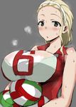  ball blonde_hair blush breast_rest breasts carrying girls_und_panzer go-m green_eyes grey_background hair_pulled_back hairband holding holding_ball huge_breasts looking_at_viewer parted_lips sasaki_akebi solo sportswear sweat volleyball volleyball_uniform 