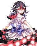  absurdres bad_id bad_pixiv_id bangs black_hair bracelet danmaku dress fingernails frilled_dress frills from_behind hair_between_eyes highres horns jewelry kijin_seija long_hair looking_at_viewer multicolored_hair nail_polish open_mouth red_eyes red_hair red_nails sharp_fingernails sheya short_sleeves simple_background smile solo streaked_hair teeth tongue touhou white_background white_dress white_hair 