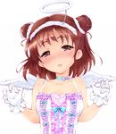  akai_mi_ga_bakuhatsu_shita angel_wings bare_shoulders blush bow brown_hair choker double_bun dress frills gloves groping_motion halo idolmaster idolmaster_cinderella_girls munakata_atsumi purple_eyes simple_background solo white_background wings 