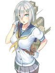  aqua_eyes between_breasts breasts buttons collarbone gloves grey_hair hair_over_one_eye hamakaze_(kantai_collection) kantai_collection large_breasts open_mouth pantyhose school_uniform serafuku simple_background skirt solo strap_cleavage white_background yuuji_(and) 