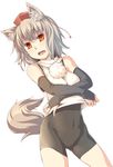  aaru_(tenrake_chaya) animal_ears bare_shoulders blush bridal_gauntlets cowboy_shot elbow_gloves fangs gloves hat inubashiri_momiji leotard looking_at_viewer open_mouth red_eyes short_hair silver_hair skin_tight solo tail tokin_hat touhou undressing white_background wolf_ears wolf_tail 