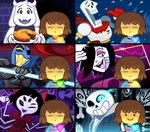  3girls =_= androgynous armor black_hair blue_eyes bone brown_hair c: closed_eyes cup energy_spear extra_eyes eyelashes eyepatch fangs food frisk_(undertale) furry gloves glowing glowing_eye goat_girl graph grin hair_over_one_eye hair_ribbon heart horns insect_girl jacket knife mettaton mettaton_ex monster muffet muffet's_pet multiple_arms multiple_boys multiple_girls one_eye_closed open_mouth papyrus_(undertale) pie polearm ponytail purple_skin red_eyes red_hair ribbon sans scarf sharp_teeth shirt short_twintails skeleton skull smile snow spear spider_girl spoilers striped striped_shirt teacup teeth tongue tongue_out toriel twintails two_side_up undertale undyne unoobang weapon yellow_sclera yellow_teeth 
