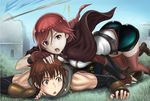  1girl braid brown_eyes brown_hair fingerless_gloves gloves hai_to_gensou_no_grimgar haruhiro_(grimgar) kyodairobo long_hair long_legs shorts single_braid thighhighs yume_(grimgar) 