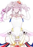  caligula_(game) cowboy_shot crown dress elbow_gloves gloves highres long_hair looking_at_viewer mini_crown mu_(caligula) pink_eyes sen_no_ki smile solo twintails white_gloves 