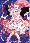  ascot bat bat_wings chain dress fangs hat hat_ribbon looking_at_viewer mob_cap moon mosho night open_mouth petals pink_eyes puffy_short_sleeves puffy_sleeves red_moon remilia_scarlet ribbon short_sleeves sky smile solo touhou traditional_media watercolor_pencil_(medium) white_dress wings wrist_cuffs 