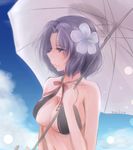  bad_id bad_pixiv_id bare_shoulders bikini black_bikini blue_sky breasts cleavage cloud day flower hair_flower hair_ornament hina_(bird_salty) kantai_collection large_breasts looking_to_the_side mole mole_under_eye outdoors over_shoulder parasol purple_eyes purple_hair sky solo swimsuit tatsuta_(kantai_collection) umbrella upper_body 