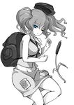  backpack bag between_breasts blue_eyes breasts cattail cowboy_shot expressionless greyscale hand_up hat hat_removed headwear_removed highres impossible_clothes impossible_skirt kawashiro_nitori key_necklace looking_at_viewer medium_breasts monochrome navel one_eye_closed parted_lips plant raptor7 shirt sleeveless sleeveless_shirt solo spot_color stomach thighs touhou two_side_up 
