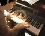  animal brown_eyes brown_hair bug butterfly closed_mouth from_above from_behind highres indoors insect instrument lens_flare male_focus music necozzz original paper piano playing_instrument playing_piano sheet_music sitting smile solo sunlight 