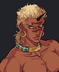  battle_tendency blonde_hair ear_piercing earrings green_eyes hoop_earrings horn jewelry jojo_no_kimyou_na_bouken lip_piercing male_focus muscle neck_ring piercing shirtless solo upper_body wallfloristry wamuu 