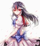  alternate_hair_length alternate_hairstyle bad_id bad_pixiv_id black_hair bow dress from_side half-closed_eyes hand_on_own_stomach highres horns kijin_seija light_smile long_hair looking_at_viewer looking_to_the_side puffy_short_sleeves puffy_sleeves red_eyes red_hair sheya short_sleeves simple_background solo touhou white_dress white_hair 