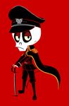  1boy cape full_body hat male_focus military_hat military_uniform pose red_background ruby_gloom simple_background skeleton skull skull_boy_(ruby_gloom) solo sword 