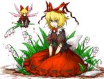  bad_id bad_pixiv_id black_shirt black_skirt blonde_hair blue_eyes doll_joints fairy_wings flower full_body hair_ribbon hands_on_lap holding holding_flower kan_(aaaaari35) lily_of_the_valley medicine_melancholy poison red_shirt red_skirt ribbon ribbon-trimmed_clothes ribbon-trimmed_skirt ribbon_trim shiny shiny_hair shirt short_hair short_sleeves simple_background sitting skirt solo su-san touhou white_background wings 