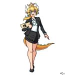  1girl blonde_hair blue17844280 blue_eyes bowsette business_suit coat earrings folder formal horns jewelry mario_(series) nintendo open_clothes open_coat skirt suit super_crown tail 
