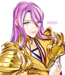  armor blue_eyes gold_armor hachisuka_kotetsu kan long_hair male_focus purple_hair smile solo sparkle touken_ranbu upper_body 
