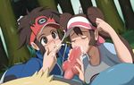  1girl 2boys bestiality bisexual brown_hair cum cum_in_mouth double_buns duplicate ejaculation fellatio freako hair_bun kyouhei_(pokemon) lucario mei_(pokemon) multiple_boys oral pokemon pokemon_(game) pokemon_bw2 uncensored visor_cap 