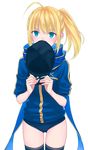  ahoge artoria_pendragon_(all) baseball_cap blonde_hair blue_eyes blue_scarf blush buruma commentary_request covering_mouth cowboy_shot fate/grand_order fate/stay_night fate_(series) green_eyes hat hat_removed headwear_removed highres jacket looking_at_viewer mysterious_heroine_x nipi27 ponytail rojiura_satsuki:_chapter_heroine_sanctuary scarf solo track_jacket white_background 