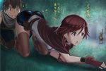  1girl all_fours braid brown_eyes brown_hair fingerless_gloves gloves goblin hai_to_gensou_no_grimgar haruhiro_(grimgar) kyodairobo long_hair long_legs shorts single_braid thighhighs translation_request yume_(grimgar) 