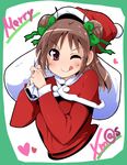  :p blush bow brown_hair christmas double_bun hat idolmaster idolmaster_cinderella_girls munakata_atsumi one_eye_closed purple_eyes sack santa_costume santa_hat semahiro simple_background solo tongue tongue_out 