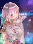  1girl :d alternate_costume backpack bag blush cat_bag commentary_request danganronpa dated eyebrows_visible_through_hair from_side gloves hair_ornament hairclip happy highres hood hoodie jacket mioda_69ch nanami_chiaki open_mouth parted_lips pink_bag pink_eyes pink_gloves pink_hair plaid plaid_scarf pointing pointing_to_the_side pulling scarf short_hair signature smile solo super_danganronpa_2 
