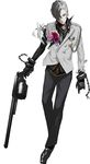  black_skin boutonniere buttons caligula_(game) corsage cuffs flower formal gloves gun hair_over_one_eye holding holding_weapon long_sleeves looking_at_viewer male_focus multicolored_hair official_art pants rifle satake_shougo shackles silver_hair simple_background solo sugimoto_gang suit thigh_gap two-tone_hair weapon white_background 