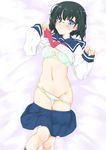  bad_id bad_pixiv_id black_hair blue_eyes blush bra glasses green_bra green_panties groin haruchika highres itou_ayachi looking_at_viewer lying on_back panties panty_pull school_uniform serafuku serizawa_naoko short_hair skirt skirt_pull solo underwear undressing 