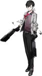  black_hair black_skin brown_eyes caligula_(game) dual_wielding flower full_body gun holding jacket loafers long_sleeves looking_at_viewer male_focus official_art open_clothes open_jacket pants protagonist_(caligula) rose shoes solo standing sugimoto_gang weapon white_skin 