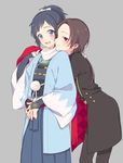  bad_id bad_pixiv_id black_hair blue_eyes blue_hakama bridal_gauntlets brown_hair earrings hakama haori hug hug_from_behind japanese_clothes jewelry kashuu_kiyomitsu male_focus mole mole_under_eye mole_under_mouth multiple_boys nail_polish open_mouth plico_(nicoma) ponytail red_eyes red_nails scarf shinsengumi smile touken_ranbu yamato-no-kami_yasusada 