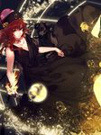  alternate_costume bangs black_dress collarbone commentary dog dress eyebrows eyebrows_visible_through_hair fire from_above hat hecatia_lapislazuli highres hug_(yourhug) looking_at_viewer polos_crown red_eyes red_hair sleeveless sleeveless_dress solo sphere touhou 