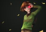  :d androgynous black black_background brown_eyes brown_hair chara_(undertale) collared_shirt covering_one_eye cowboy_shot croakdrib dark heart knife knife_behind_back open_mouth orange_eyes petals shirt short_hair simple_background smile solo spoilers striped striped_sweater sweater undertale weapon 